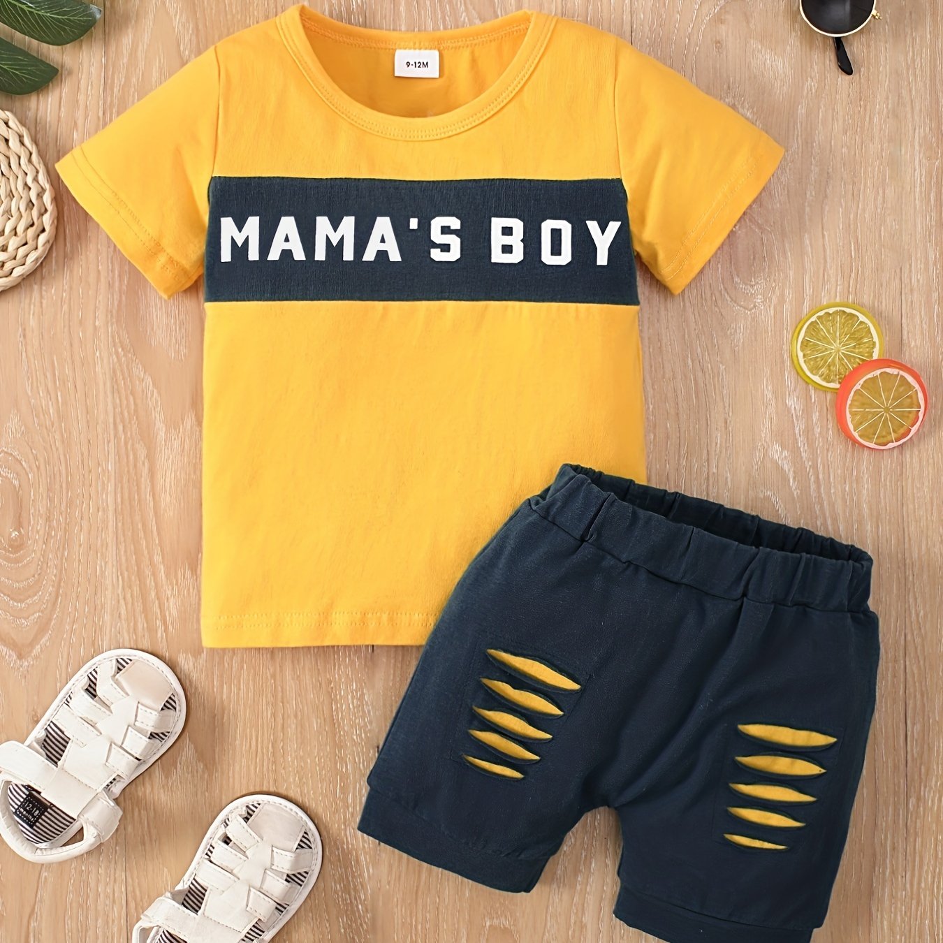 Cotton 'MAMA'S BOY' T-shirt Top + Ripped Shorts 2pcs Set for Baby Boys