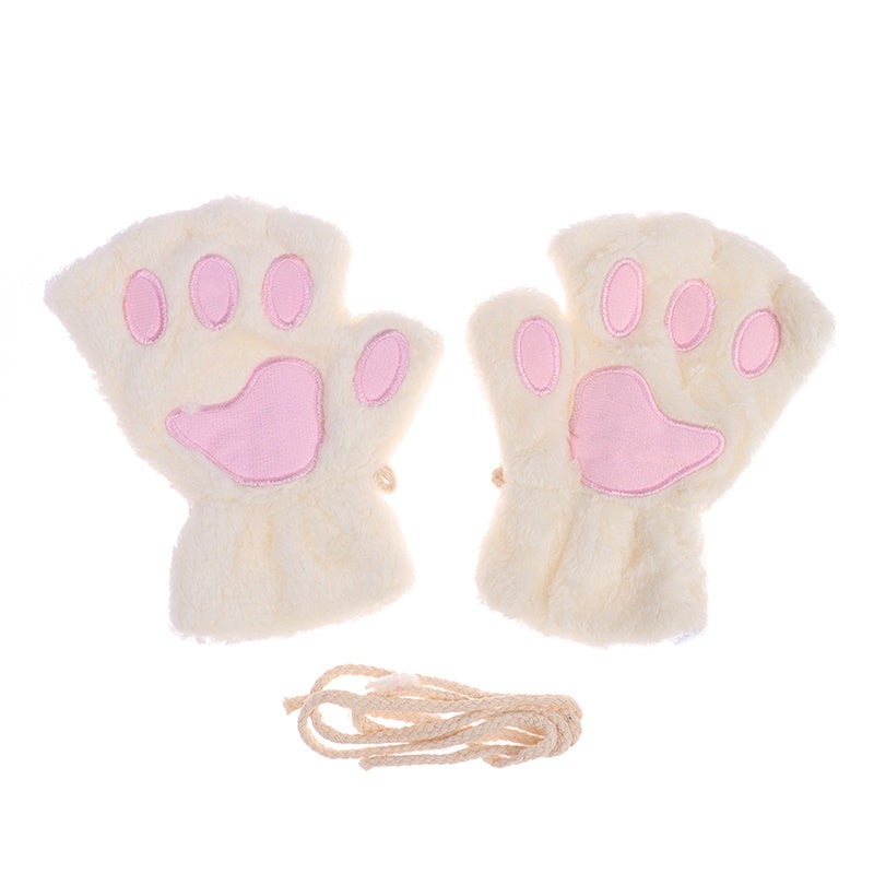 Winter Cartoon Cat Paws Gloves Girl Fingerless Plush Gloves