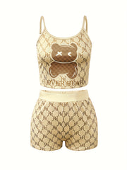 Teddy Bear Print Two Piece Set Cami Top & Slim Shorts