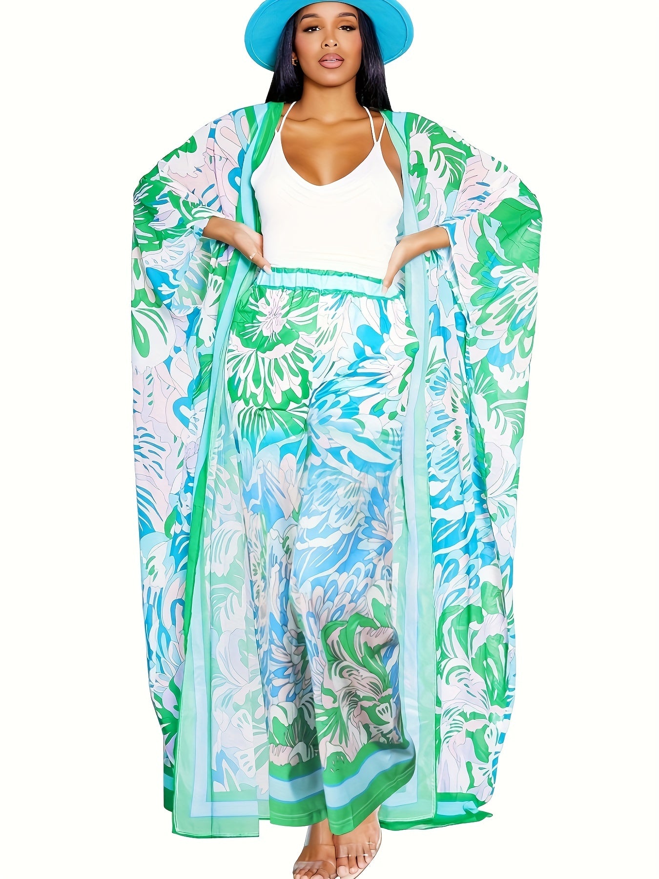  Boho Batwing Sleeve Cover Up & Pants Two Piece Set