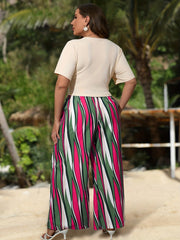  Casual Outfit: Solid Tee & Stripe High Rise Pants Set