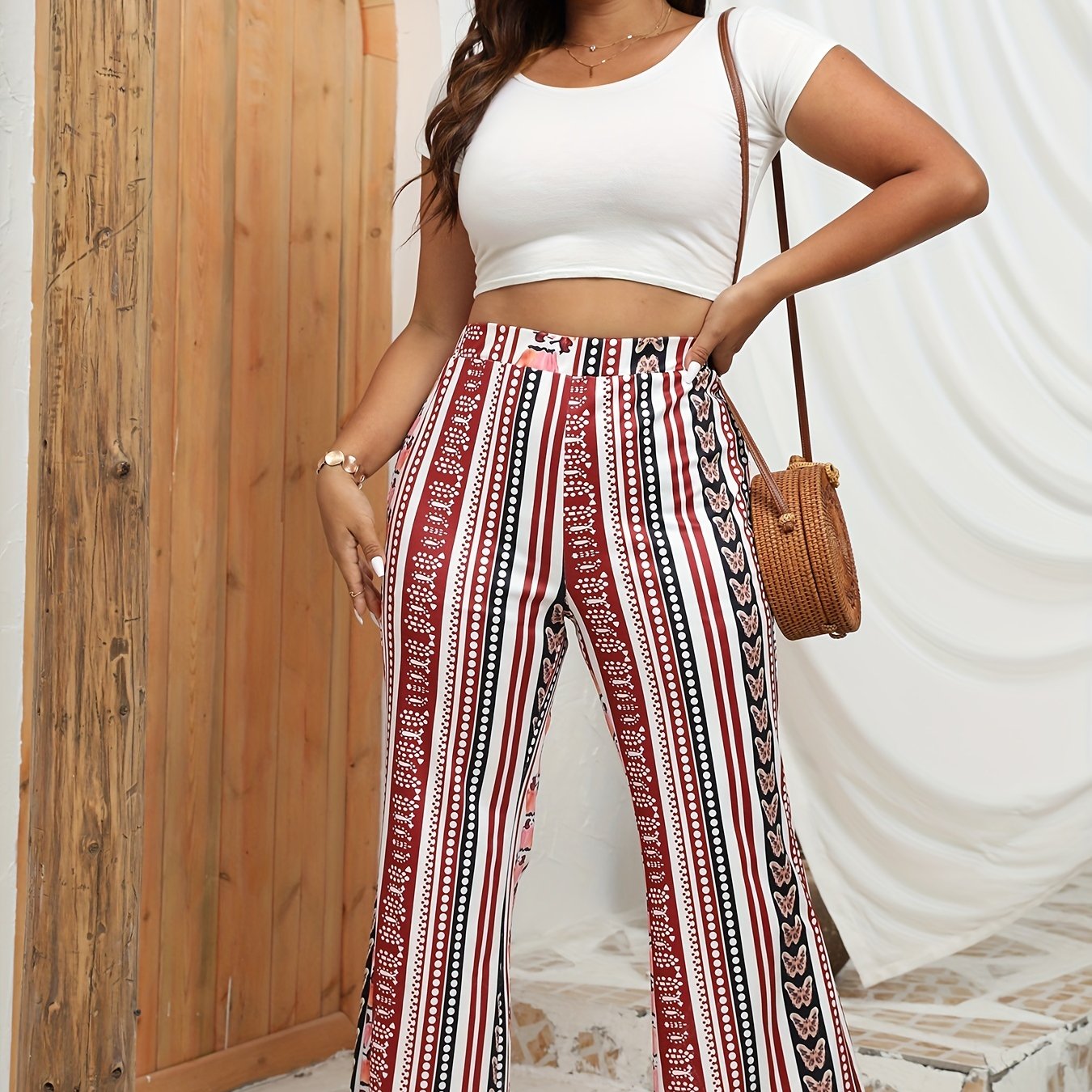  Boho Pants Women's Butterfly & Dot Print Flare Leg Pants