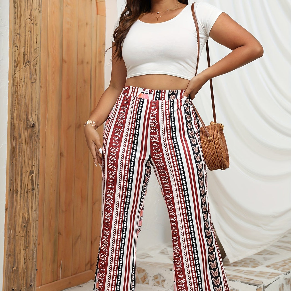 Boho Pants Women's Butterfly & Dot Print Flare Leg Pants