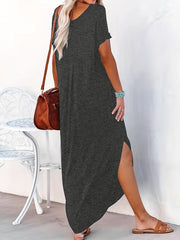Short Sleeve Maxi Dress Crew Neck Side Slit Casual Dress Summer Spring