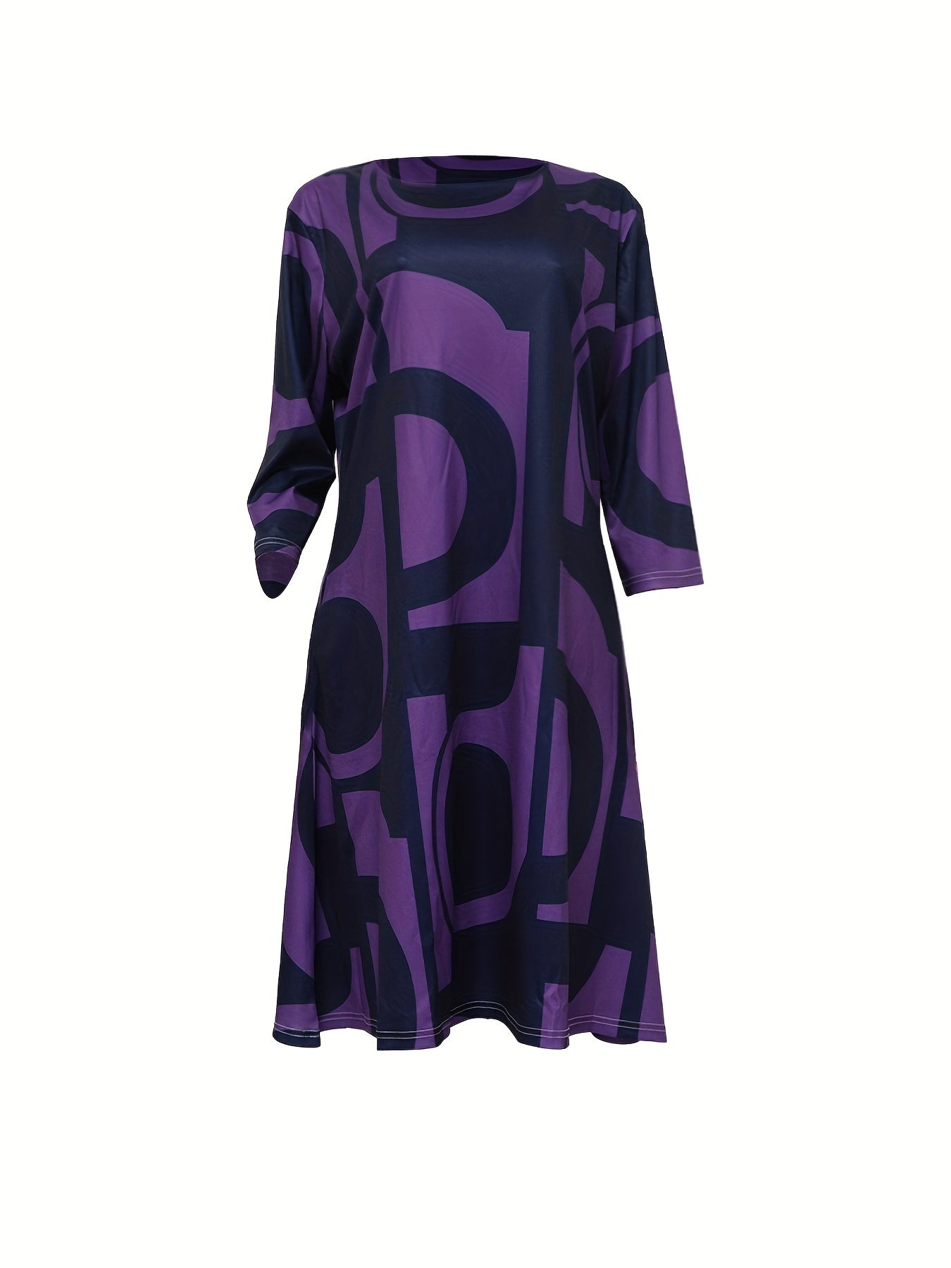Plus Geometric Print Long Sleeve Round Neck Dress With Pockets