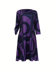 Plus Geometric Print Long Sleeve Round Neck Dress With Pockets