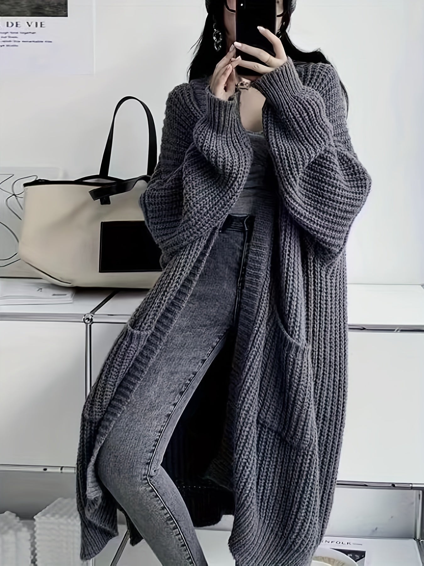 Open Front Loose Knit Cardigan Long Sleeve Sweater