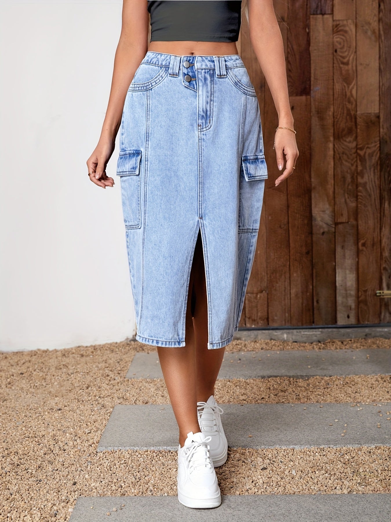 Cargo Denim Skirt with Split Flap Pocket