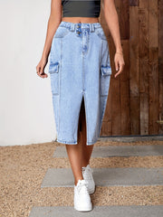Cargo Denim Skirt with Split Flap Pocket