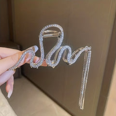 Large Rhinestone Hair Claw Big Wave Hair Clip Strong Hold Tassel Chain Hair Claw