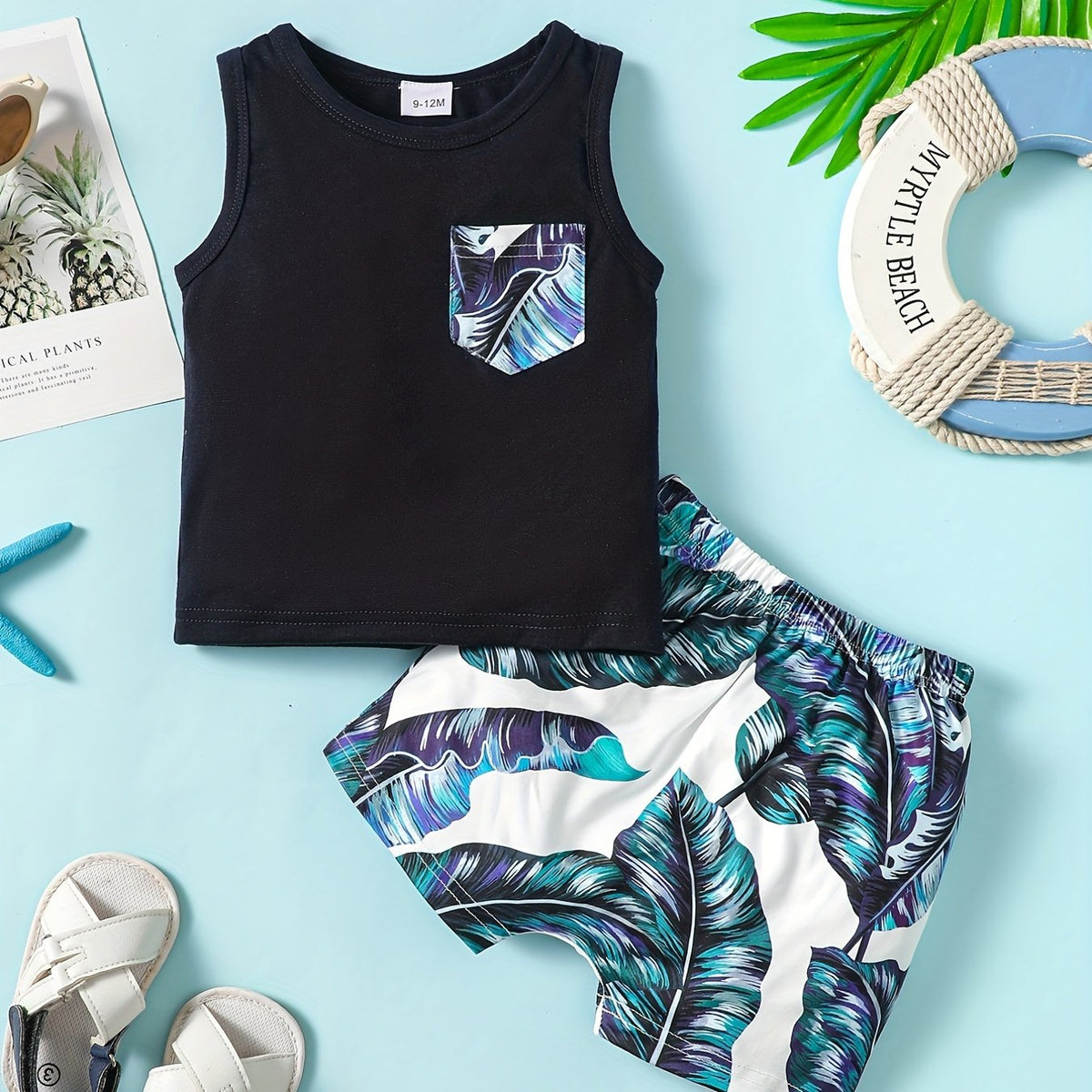 Boys Leaf Print Tank Top & Shorts 2pcs Set