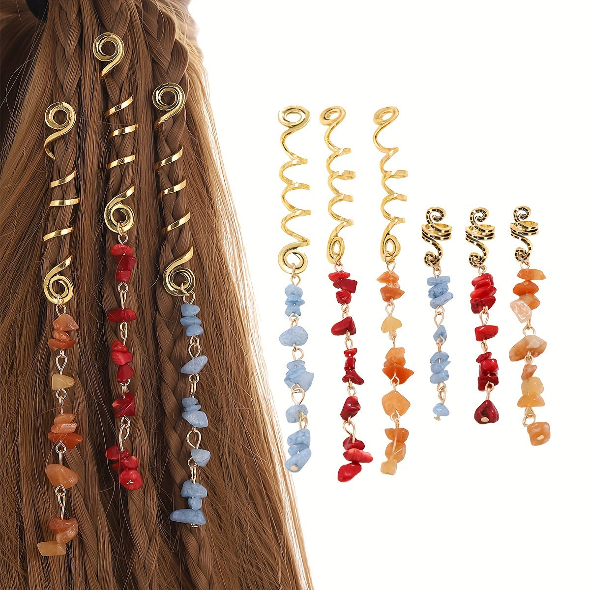 6pcs Braids Spiral Hair Ring with Stone Tassel