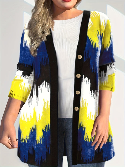  Colorblock Print Long Sleeve Button Up Cardigan