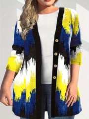  Colorblock Print Long Sleeve Button Up Cardigan