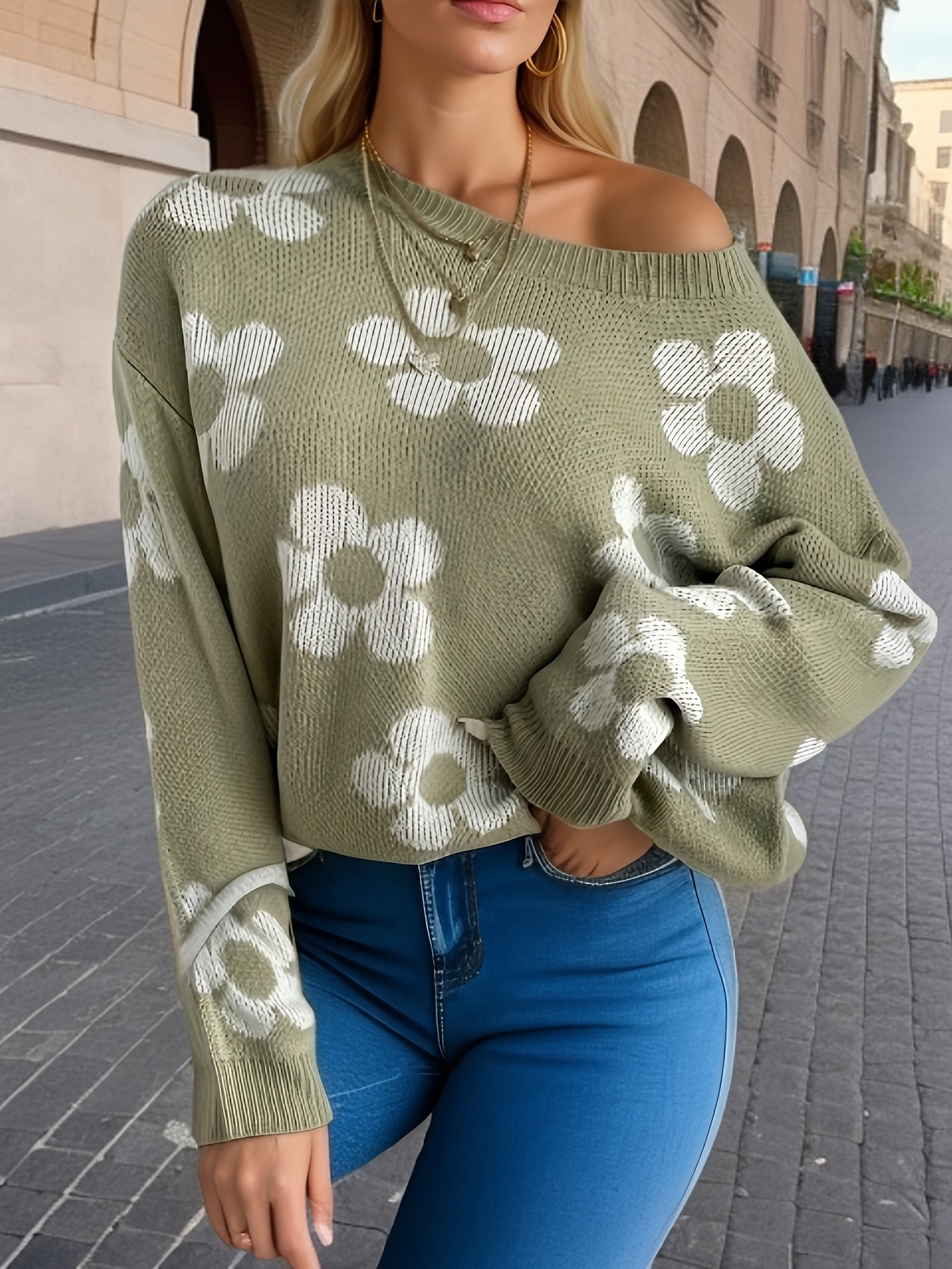  Floral Print Long Sleeve Sweater