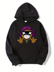 Hip Hop Bear Print Boys Hooded Sweatshirt, Spring Fall Kids Clothing