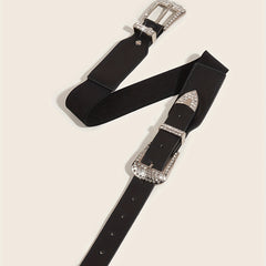 Western Belt Rhinestone Inlaid Buckle PU Leather Elastic Wide Girdle