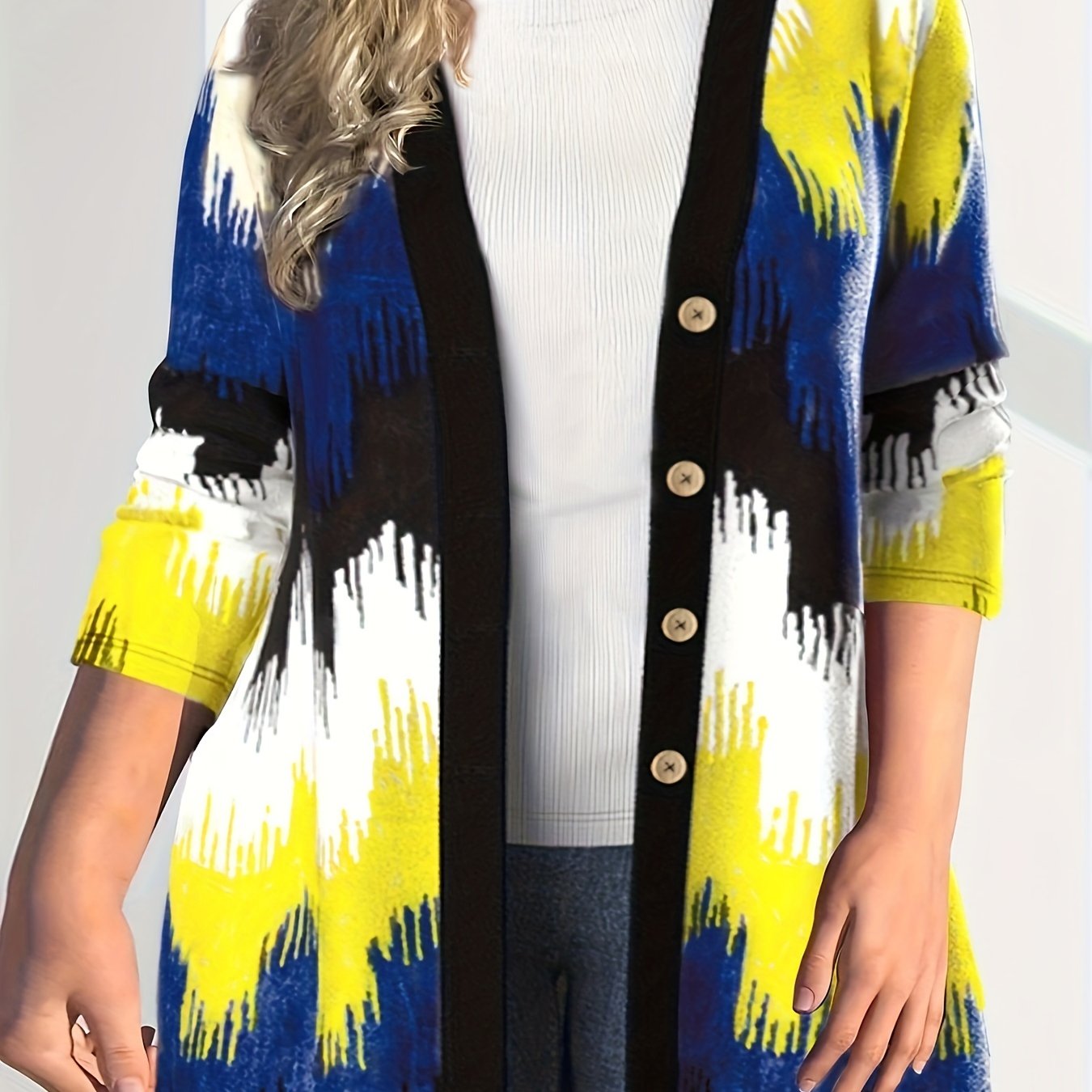  Colorblock Print Long Sleeve Button Up Cardigan