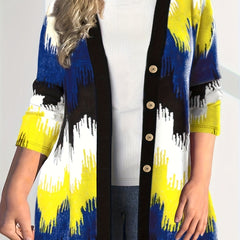  Colorblock Print Long Sleeve Button Up Cardigan