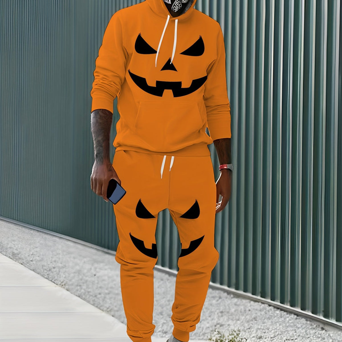 Halloween Pumpkin Print Men's Hoodie & Sweatpants Set