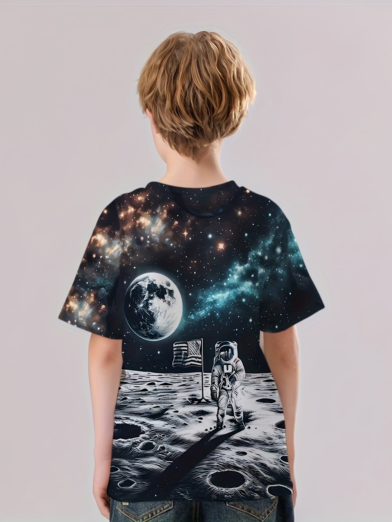 Astronaut on Moon 3D Print Boy's Casual Tees Short Sleeve
