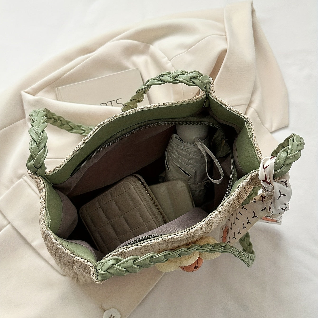 Large Capacity Straw Tote Bag with Woven Handle & Scarf Decor