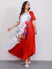  Colorblock Floral Print Maxi Dress