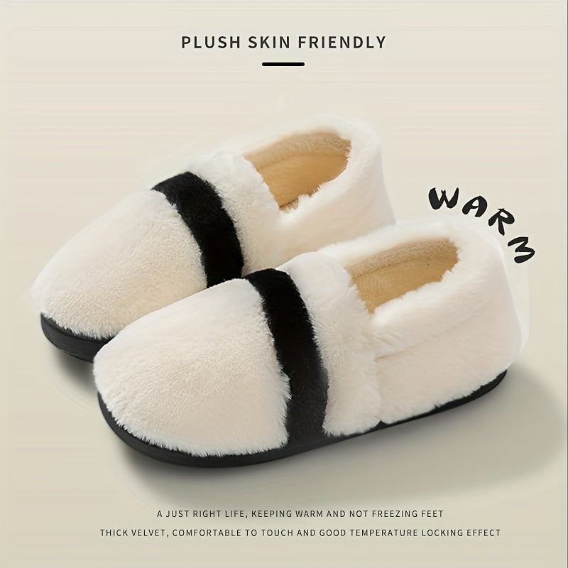Colorblock Warm Home Slippers Slip On Round Toe Low Non slip Fluffy Soft Shoes