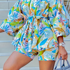  Leaf Print Off Shoulder Top & Shorts 2 Piece Set
