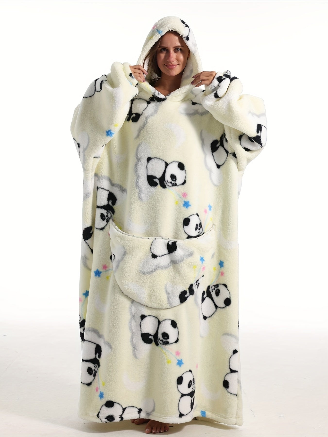  Oversized Fleece Hooded TV Blanket Women's Panda Pattern Robe