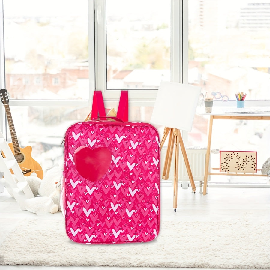 Pink Doll Carrier Backpack with Heart Window & Adjustable Straps for Toy Dolls
