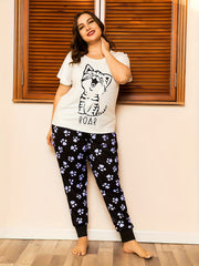  Cat Print Short Sleeve Top & Paw Print Pants Set