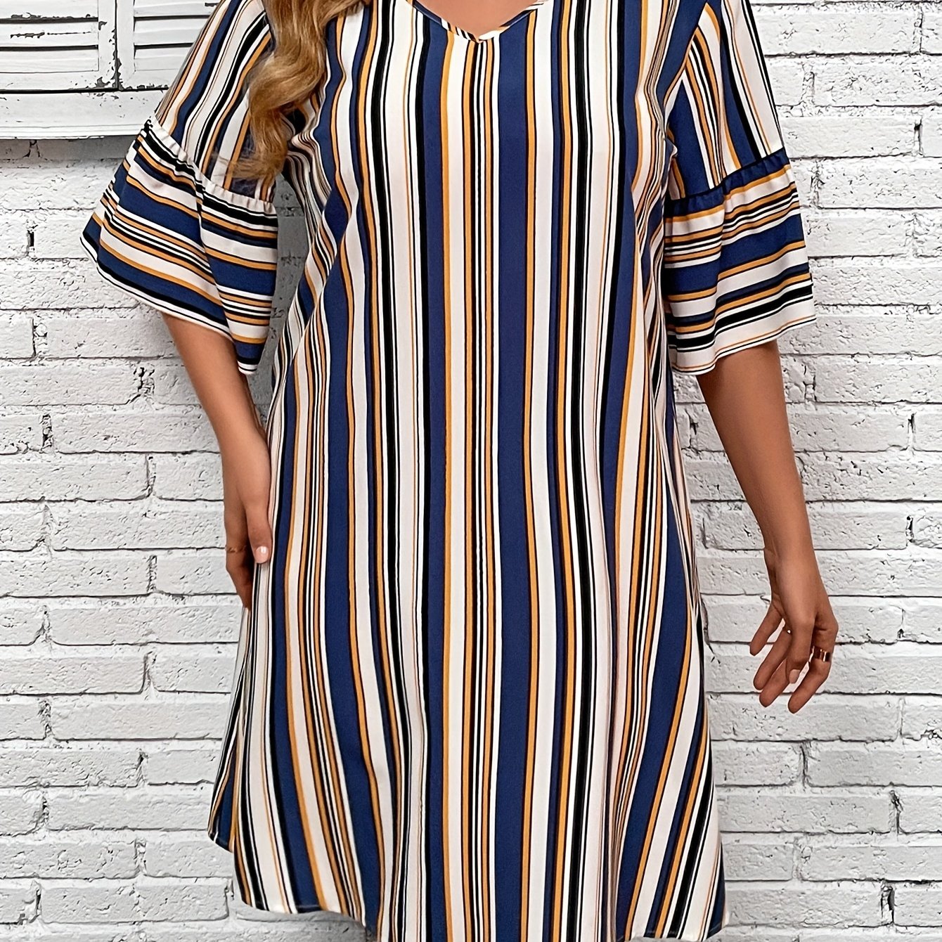  Stripe Print Half Sleeve Loose Fit Mini Dress