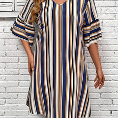  Stripe Print Half Sleeve Loose Fit Mini Dress