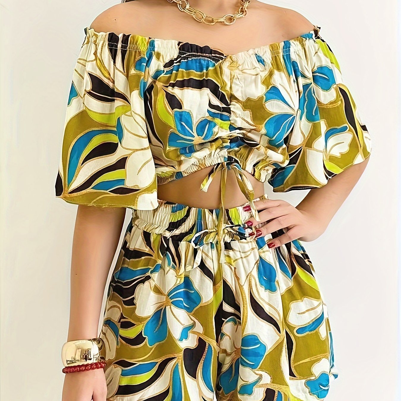  Boho Floral Off Shoulder Crop Top & Shorts Set