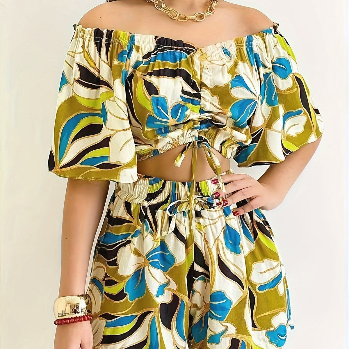  Boho Floral Off Shoulder Crop Top & Shorts Set