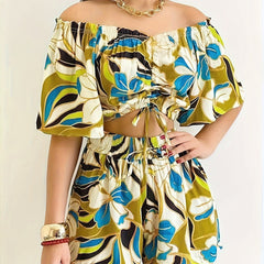  Boho Floral Off Shoulder Crop Top & Shorts Set