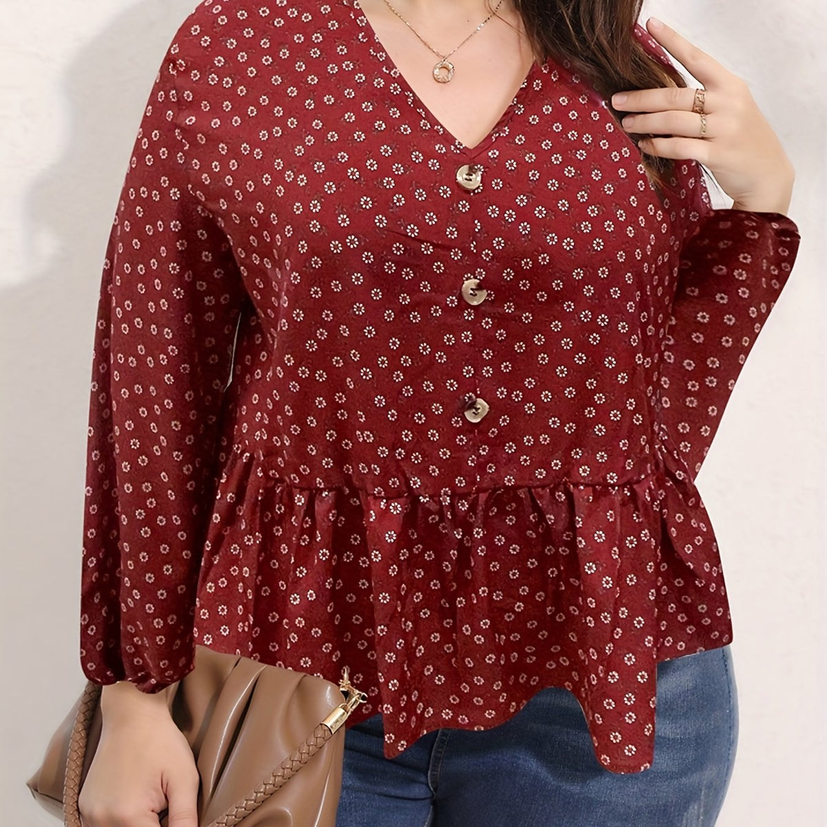  Floral Print Button Long Sleeve Blouse