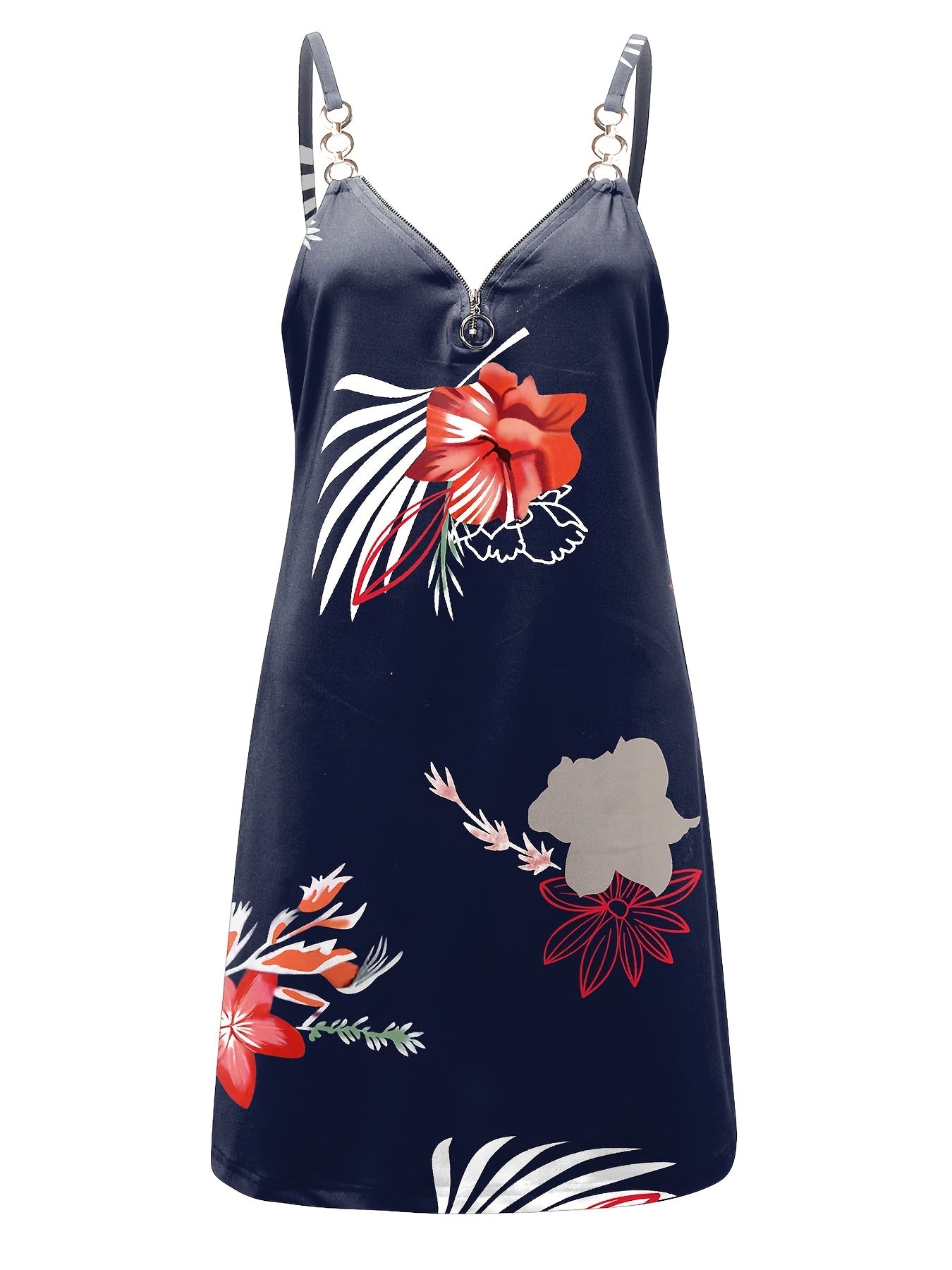  Brush Print Zipper Backless V Neck Mini Cami Dress