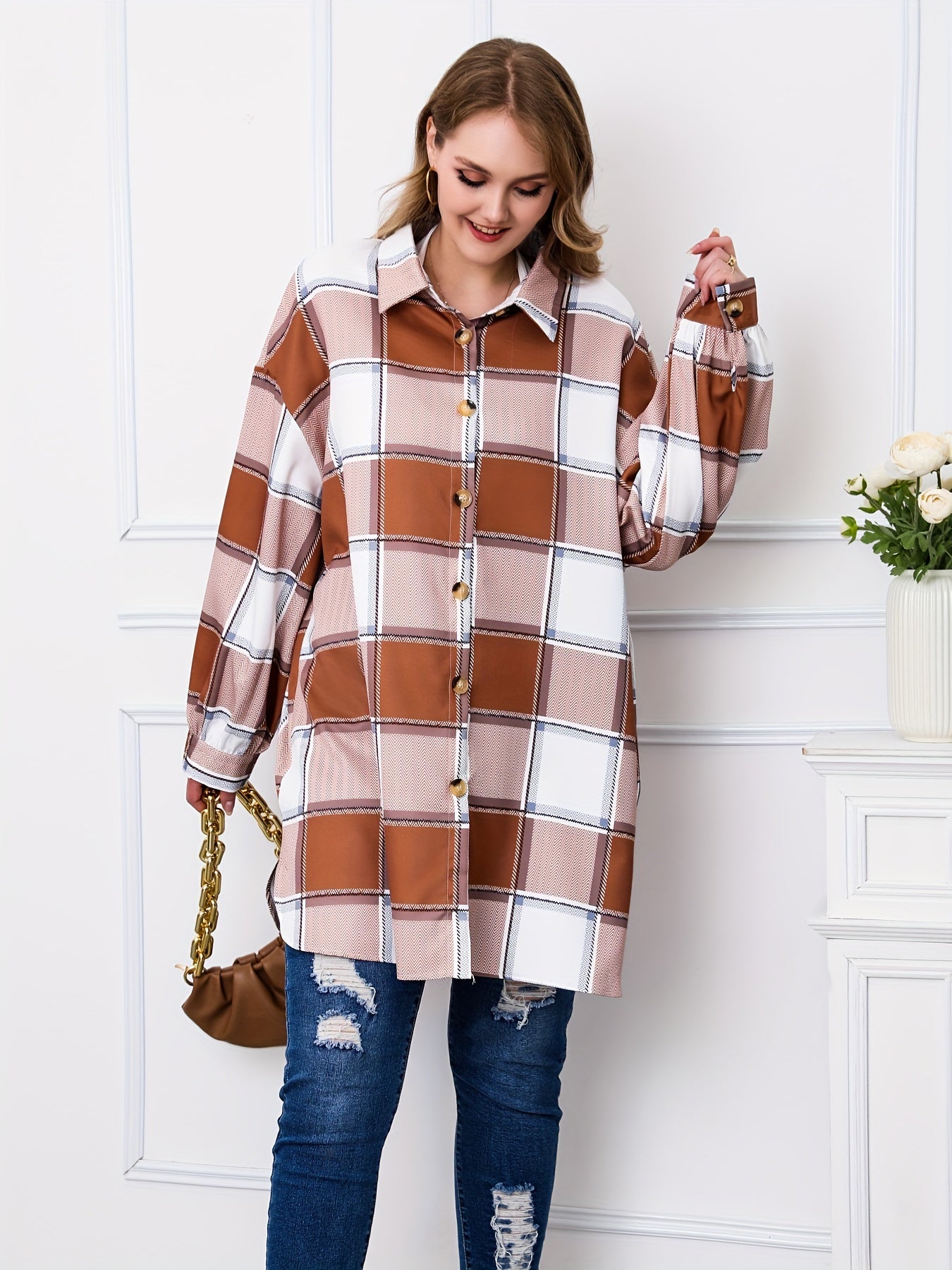  Plaid Print Button Up Long Sleeve Tunic Shirt Top