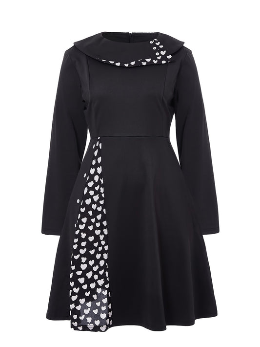 Plus Size Colorblock Heart Print Long Sleeve Dress
