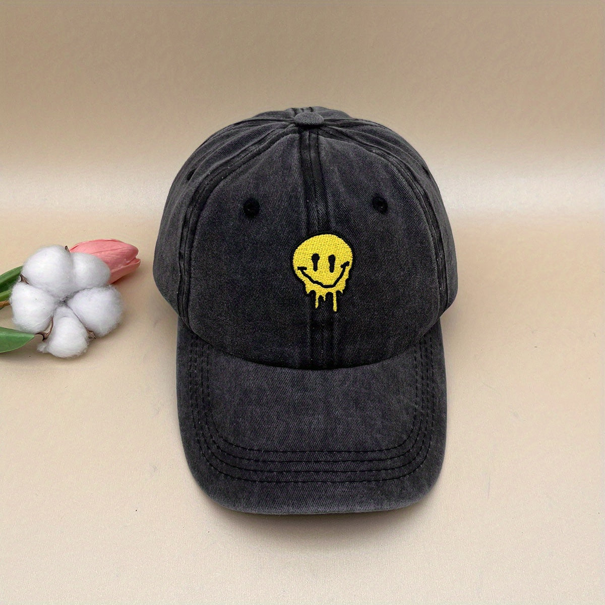 Yellow Smiling Face Baseball Cap Embroidered Distressed Sun Hat