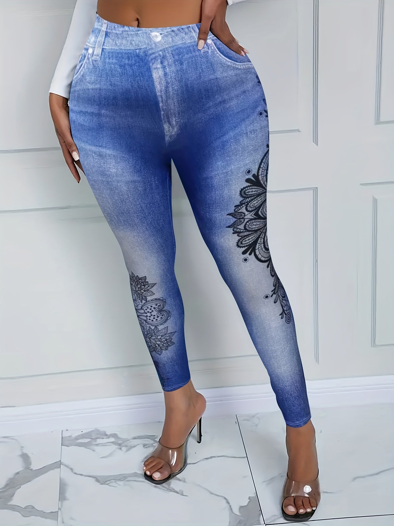  Denim & Floral Print High Rise Leggings
