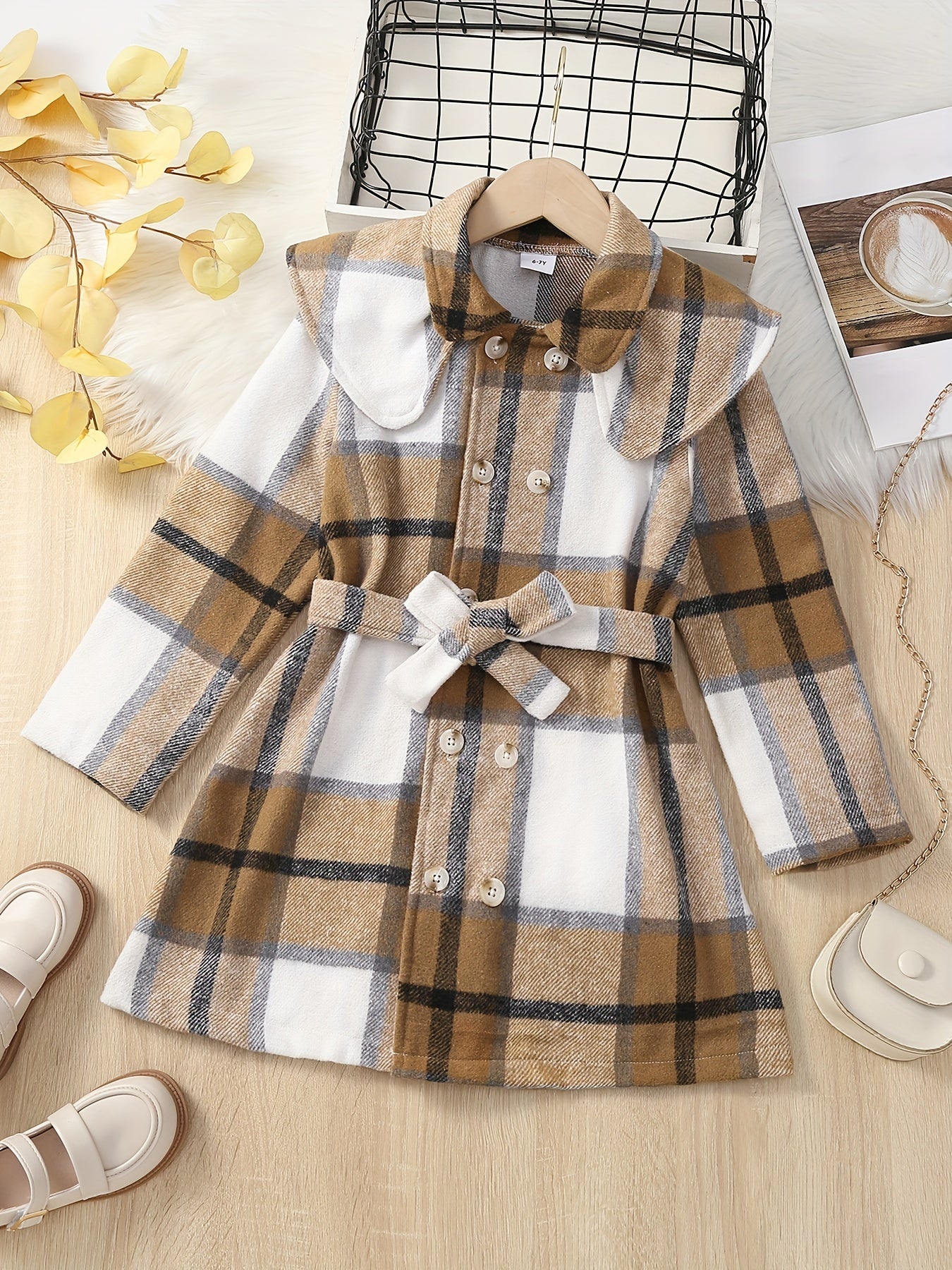 Girls Plaid Pea Coat Round Collar Double Breasted Overcoat