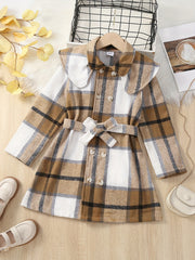 Girls Plaid Pea Coat Round Collar Double Breasted Overcoat