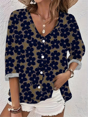 Floral Print Long Sleeve V Neck Blouse