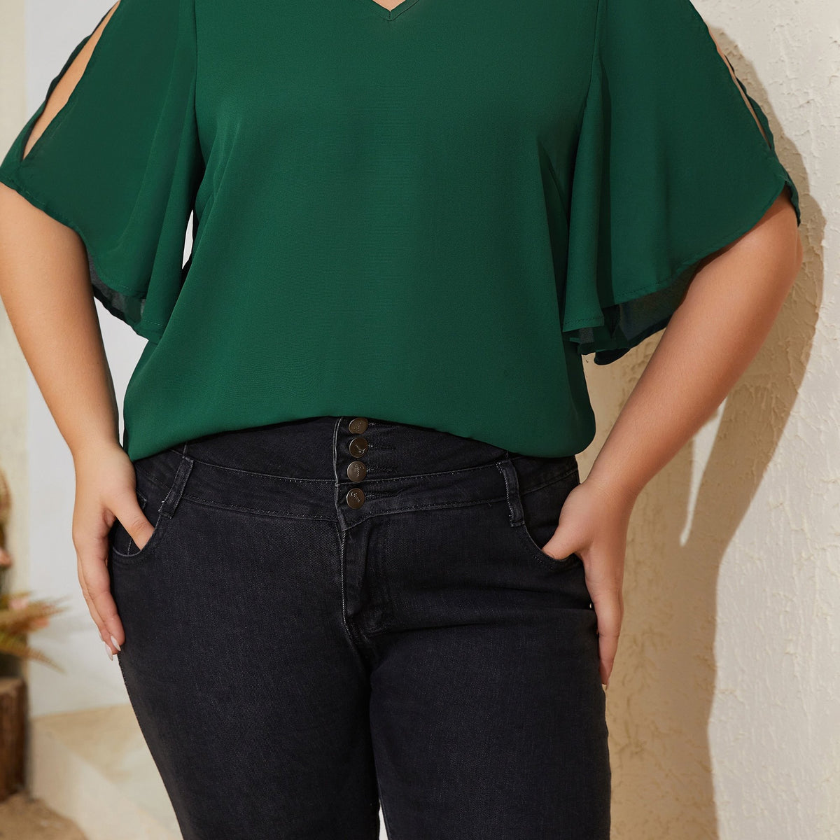  V Neck Cut Out Butterfly Sleeve Blouse