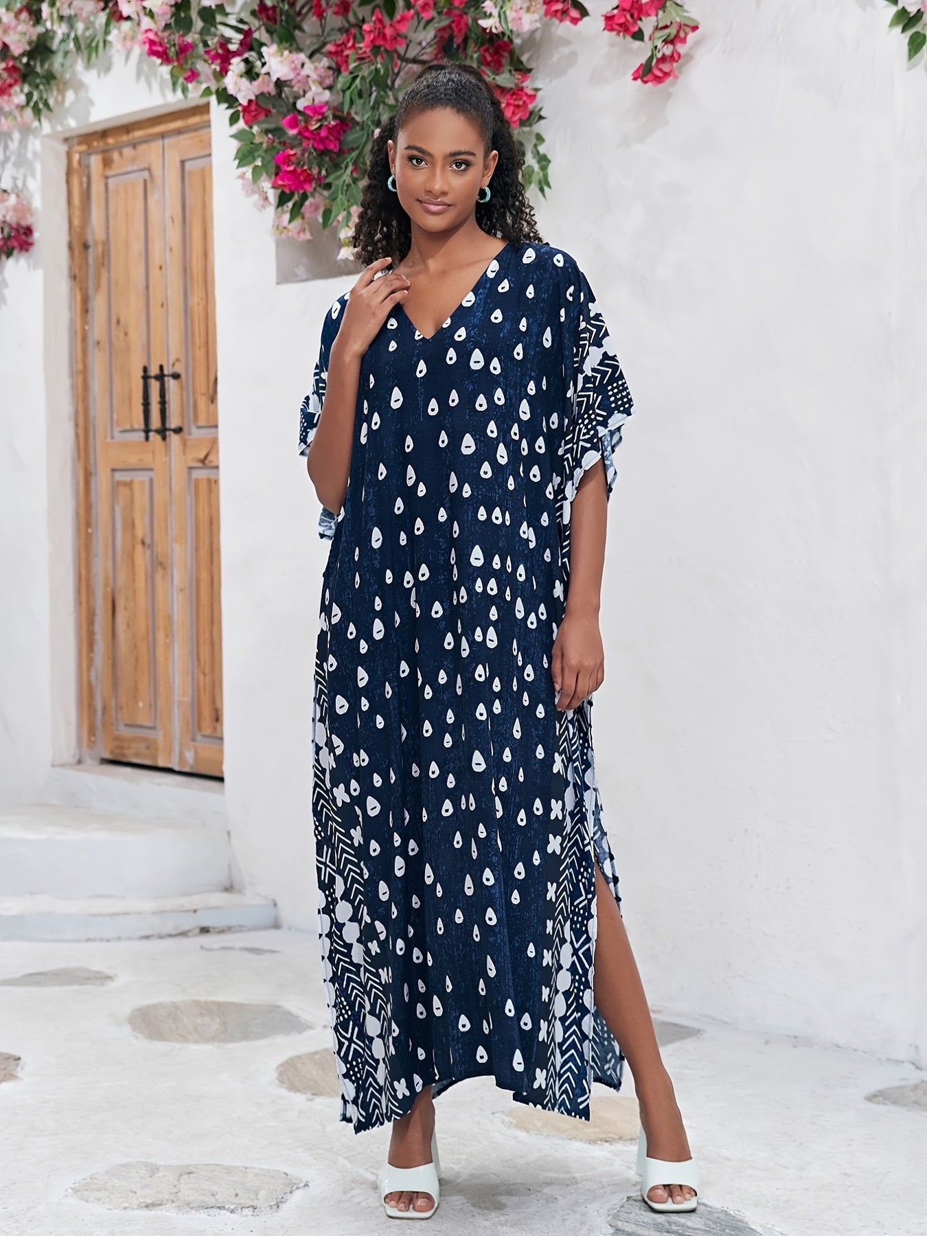  Boho Kaftan Dress Women's Allover Print Batwing Sleeve V Neck