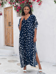  Boho Kaftan Dress Women's Allover Print Batwing Sleeve V Neck