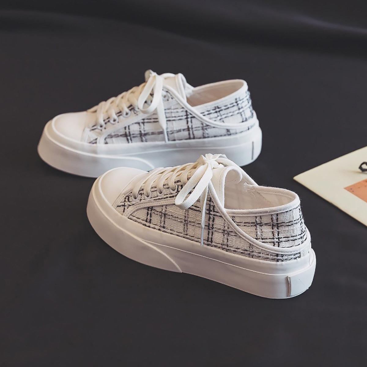 Canvas Platform Sneakers Plaid Lace Up Shoes Women's Footwear